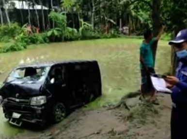 Child among eight killed as micro bus plunges into roadside pond in Mymensingh
